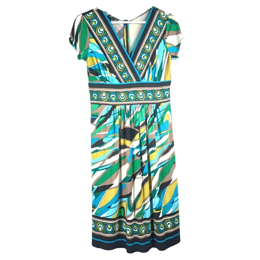 AB Studios Women's Sz M Colorful A Line Zipped Green Blue V Neck Dress